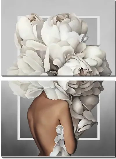 Картина Девушка с пионами на голове на сером фоне