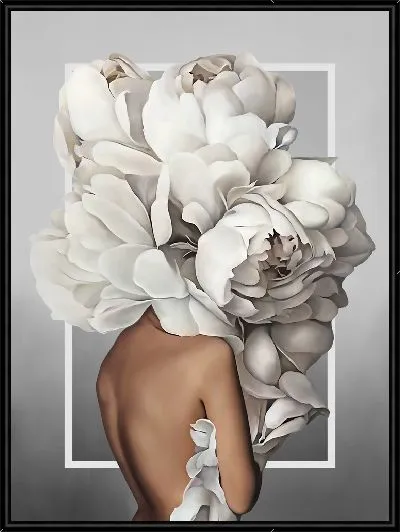 Картина Девушка с пионами на голове на сером фоне