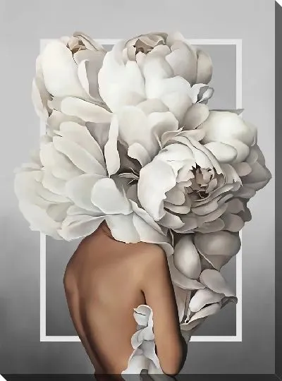 Картина Девушка с пионами на голове на сером фоне