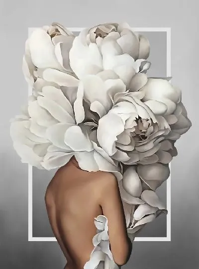 Картина Девушка с пионами на голове на сером фоне