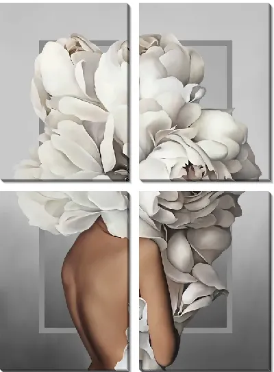 Картина Девушка с белыми пионами на голове на сером фоне