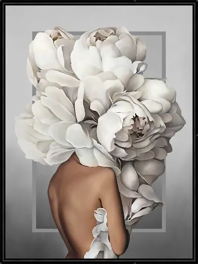 Картина Девушка с белыми пионами на голове на сером фоне