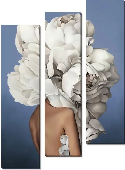 Картина Девушка с большим букетом цветов на голове на синем фоне