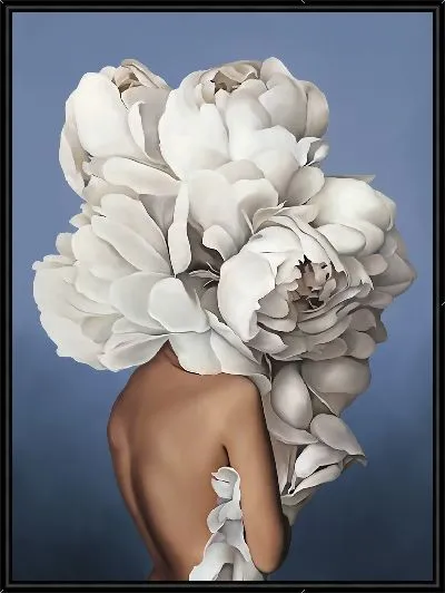 Картина Девушка с большим букетом цветов на голове на синем фоне