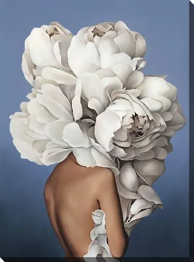 Картина Девушка с большим букетом цветов на голове на синем фоне