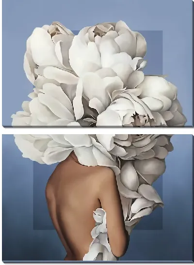 Картина Девушка с пионами на синем фоне