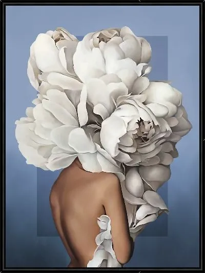 Картина Девушка с пионами на синем фоне