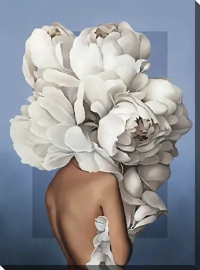 Картина Девушка с пионами на синем фоне