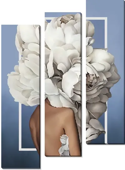 Картина Девушка с пионами на голове на синем фоне