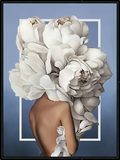 Картина Девушка с пионами на голове на синем фоне