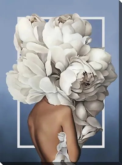 Картина Девушка с пионами на голове на синем фоне
