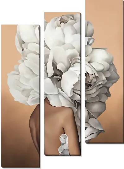 Картина Девушка с большим букетом цветов на голове на персиковом фоне