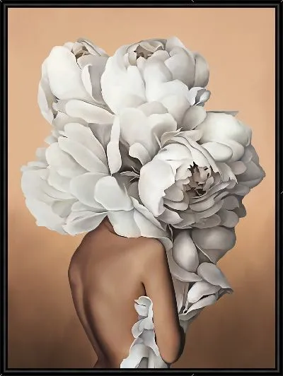 Картина Девушка с большим букетом цветов на голове на персиковом фоне