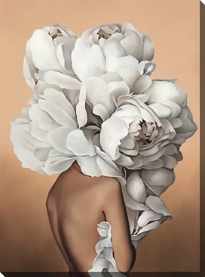 Картина Девушка с большим букетом цветов на голове на персиковом фоне