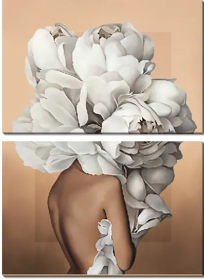 Картина Девушка с пионами на персиковом фоне