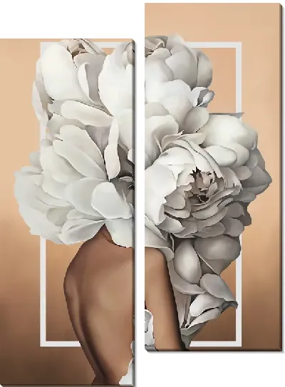 Картина Девушка с пионами на голове на персиковом фоне