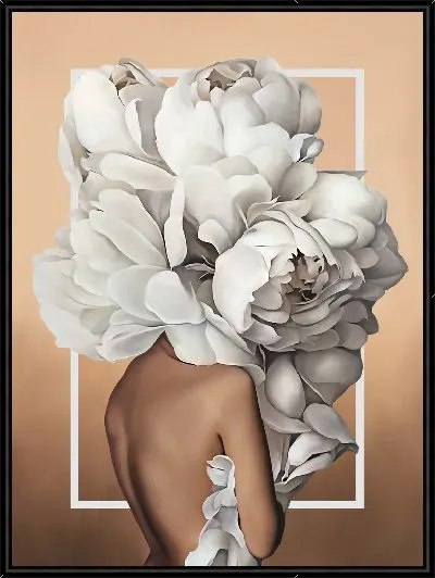 Картина Девушка с пионами на голове на персиковом фоне