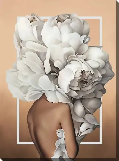 Картина Девушка с пионами на голове на персиковом фоне