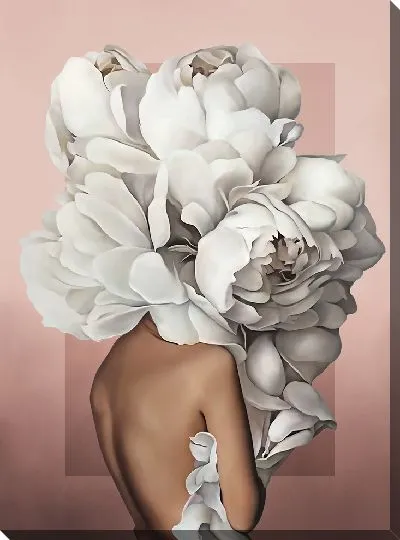 Картина Девушка с большим букетом цветов на голове на розовом фоне