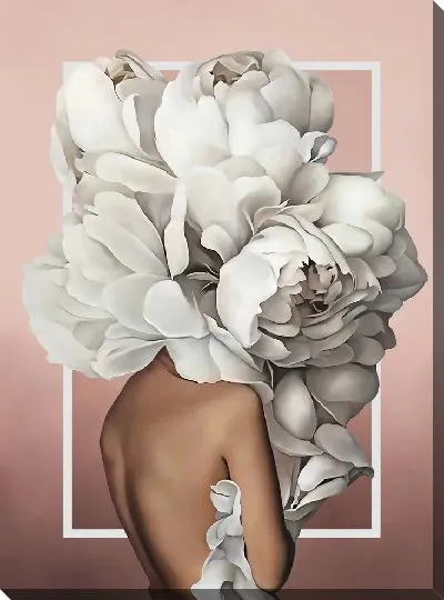 Картина Девушка с пионами на розовом фоне