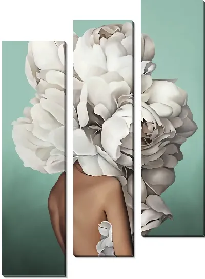 Картина Девушка с большим букетом цветов на голове на мятном фоне