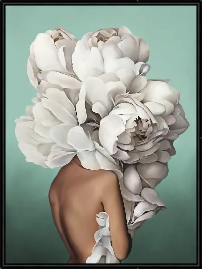 Картина Девушка с большим букетом цветов на голове на мятном фоне