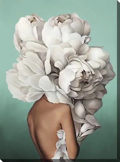 Картина Девушка с большим букетом цветов на голове на мятном фоне