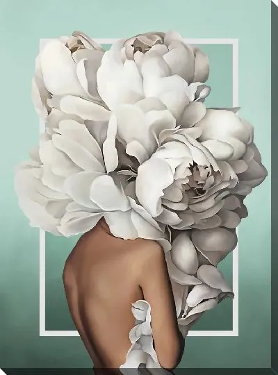 Картина Девушка с пионами на голове на мятном фоне