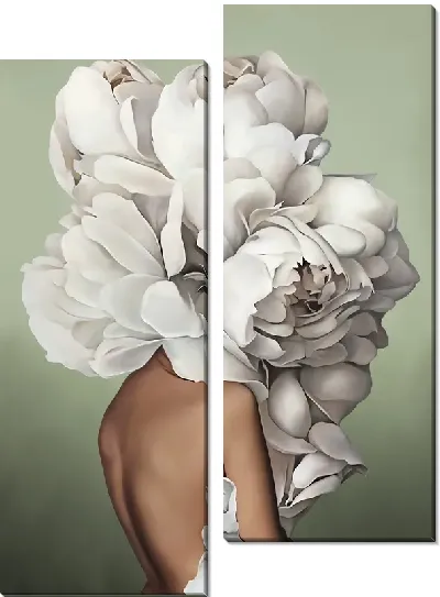 Картина Девушка с большим букетом цветов на голове на фисташковом фоне