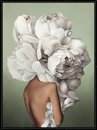 Картина Девушка с большим букетом цветов на голове на фисташковом фоне