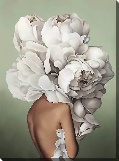 Картина Девушка с большим букетом цветов на голове на фисташковом фоне