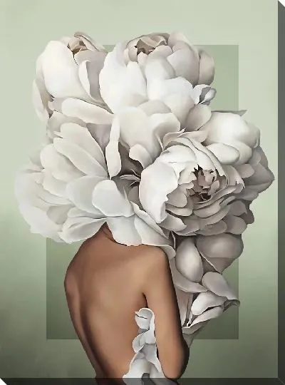 Картина Девушка с пионами на фисташковом фоне