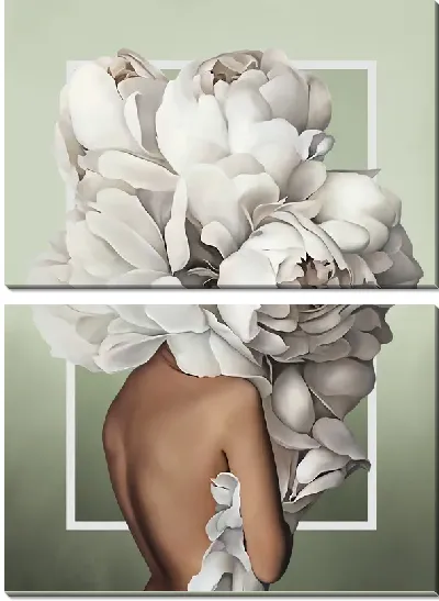 Картина Девушка с пионами на голове на фисташковом фоне