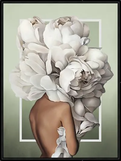 Картина Девушка с пионами на голове на фисташковом фоне