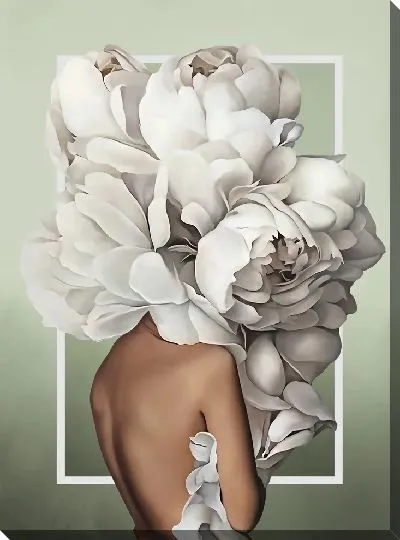 Картина Девушка с пионами на голове на фисташковом фоне