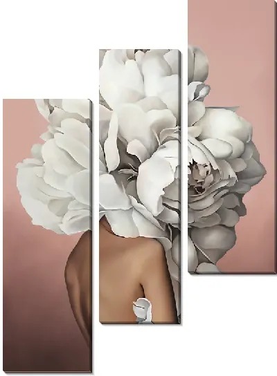 Картина Девушка с белыми пионами на голове на розовом фоне