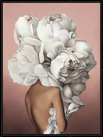 Картина Девушка с белыми пионами на голове на розовом фоне