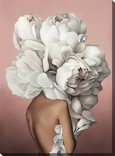 Картина Девушка с белыми пионами на голове на розовом фоне