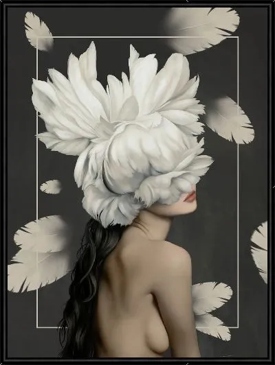 Картина Девушка с цветами на голове и перьями на фоне