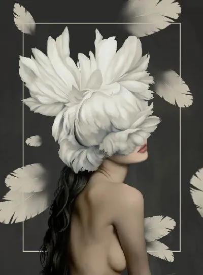 Картина Девушка с цветами на голове и перьями на фоне