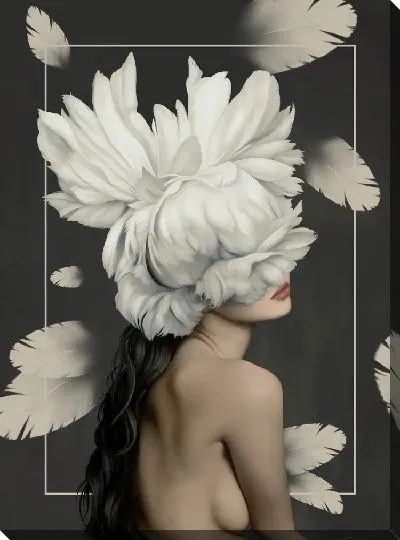 Картина Девушка с цветами на голове и перьями на фоне