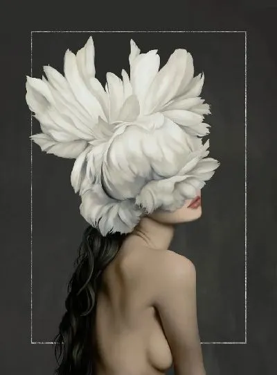 Картина Девушка с цветами на голове на черном фоне