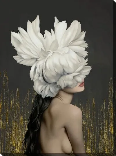 Картина Девушка с цветами на голове на темном фоне с золотыми вкраплениями