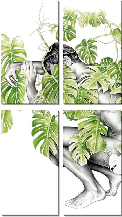 Модульная картина Мужской силуэт и ветки монстеры