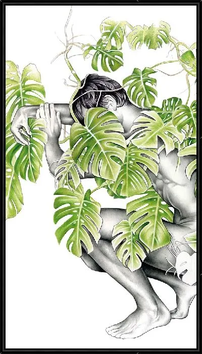 Картина Мужской силуэт и ветки монстеры