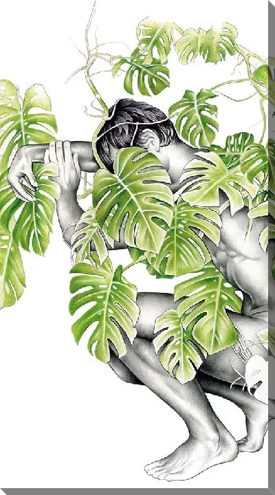 Картина маслом Мужской силуэт и ветки монстеры