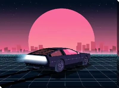 Картина маслом Назад в будущее на фоне неонового города