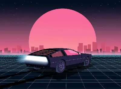 Плакат Назад в будущее на фоне неонового города