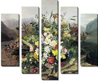 Картина Букет цветов на фоне горного пейзажа (Bouquet of flowers against a background of mountain scenery)