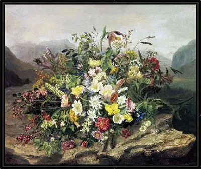 Букет цветов на фоне горного пейзажа (Bouquet of flowers against a background of mountain scenery)